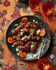 Glazed Chicken Wings on Colorful Table Setting