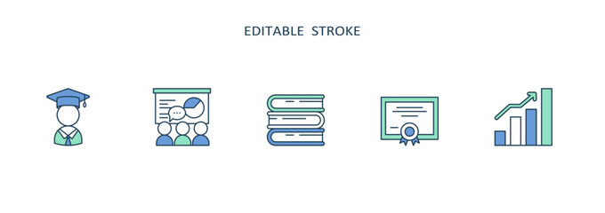 This collection of editable stroke icons illustrates key themes in special education, focusing on inclusive learning and accessibility for students with diverse needs in educational settings