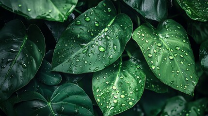 Lush green leaves with droplets of water, showcasing natural beauty and vibrant colors, ideal for nature-themed designs.