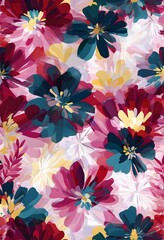 Blooming Chaos Abstract Flowers with Layered, Chaotic Brush Strokes in Crimson, Navy, and Pale Yellow for Energetic Floral Art