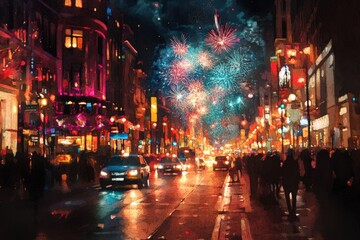 Naklejka premium Festive City Street Night Fireworks Display Over Crowds