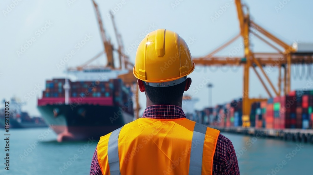 Poster industrial worker overseeing cargo operation at busy port with container ship and cranes in backgrou