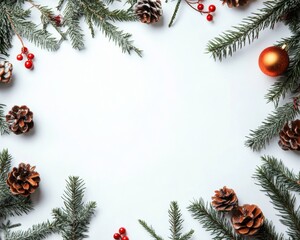 Minimalist Christmas Frame with Pine Cones and Fir Branches on White Background