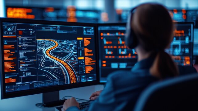 High-Tech Traffic Monitoring Center with Data Visualization and Road Map Analysis Displayed on Multiple Screens by Operator Wearing Headphones