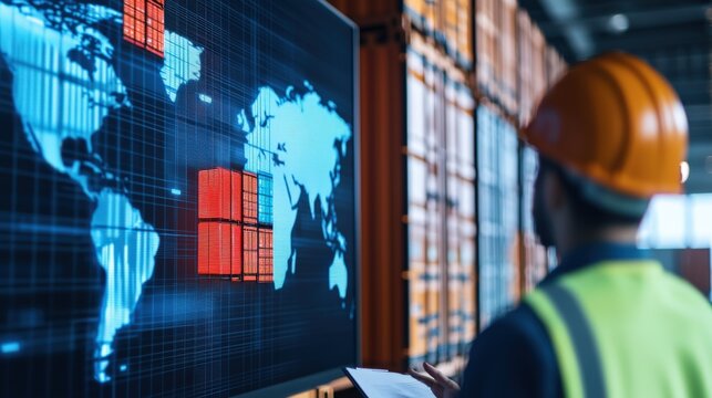 Engineer Analyzing Digital Global Trade Data on Screen with Cargo Containers in Warehouse Environment Representing Logistics and Supply Chain Management