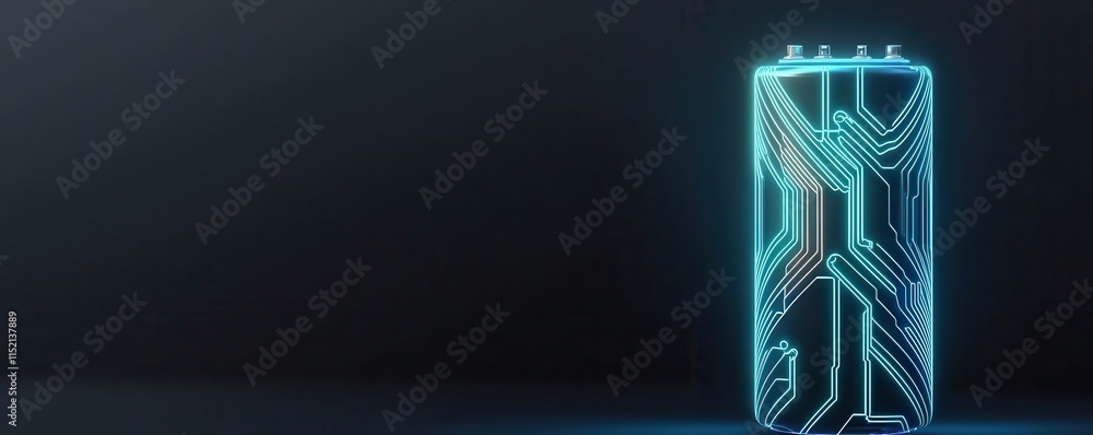 Poster a sleek, futuristic battery design illuminated with glowing circuit patterns against a dark backgrou