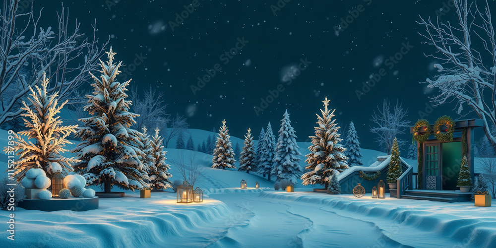 Poster a snowy landscape with a path leading to a cabin. the scene is lit up with lights, creating a warm a