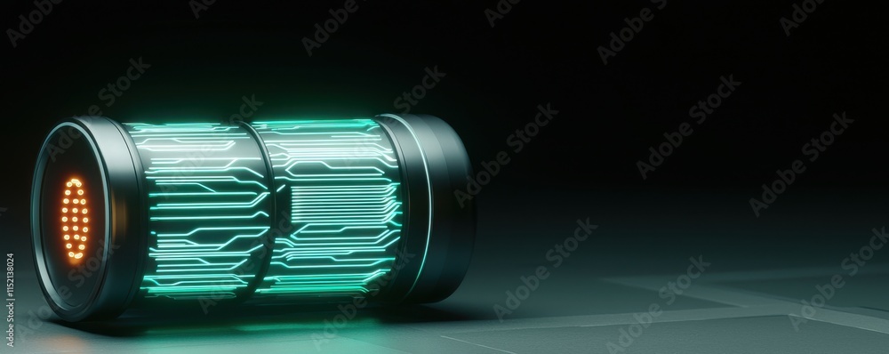 Poster a futuristic cylindrical object emits a glowing green light, showcasing intricate patterns on its su