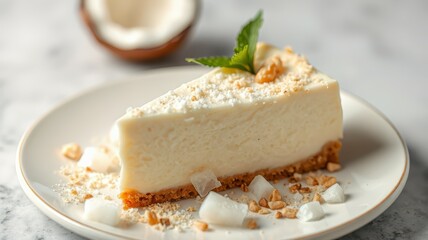 Creamy coconut cheesecake slice garnished with mint on a white plate