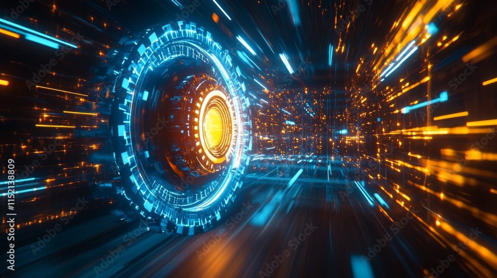 Poster dynamic abstract gears and cogs in vibrant blue and yellow hues with a motion blur effect