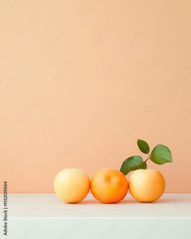 Aufkleber Minimalist Composition of Three Oranges on a Light Table with Pastel Background