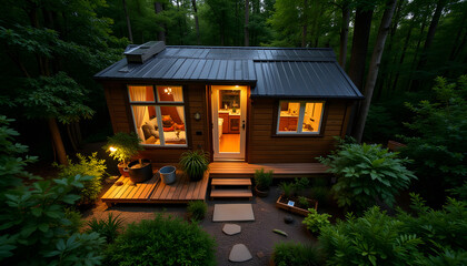 Sustainable living scene featuring a cozy tiny house surrounded by lush greenery, encouraging eco-conscious lifestyle