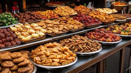 Obraz premium A vibrant display of diverse, colorful, and delicious street food items arranged neatly on metal trays at an outdoor market.