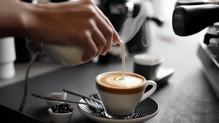 Creating Latte Art With Steamed Milk in a Cafe Setting During Morning Hours