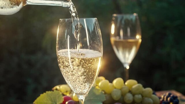 Beautiful View Of White Wine Poured Into Wineglass On Summer Terrace Of Nature