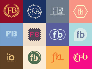 FB logo company template. Letter f and b logotype. Set different classic serif lettering and modern bold text with design elements. Initial font typography.