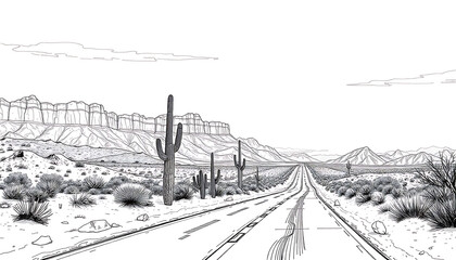 Fototapeta premium Desert road panorama landscape, vector illustration. Black and white sketch of American desert with cactus and sand rocks. USA journey. Arizona roadway , line art.