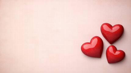 Fototapeta premium Valentine's Heart Love Concept. Three red hearts on a soft pink background.