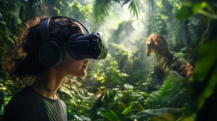 Young caucasian female immersed in virtual reality adventure in lush jungle environment