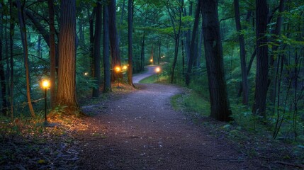 Obraz premium A tranquil path through the woods, lit by softly glowing path lights