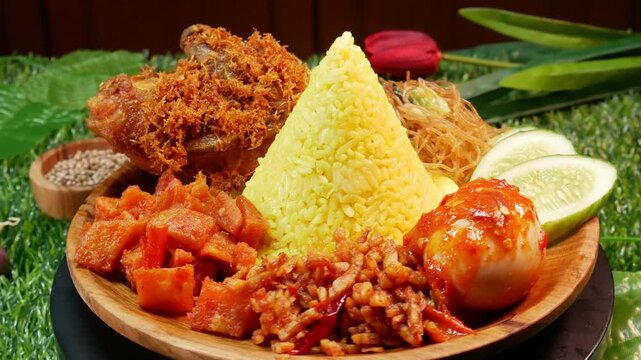 An Indonesian specialty dish of cone-shaped yellow rice, crispy fried chicken, fried vermicelli, sambal egg, cucumber slices, and fresh red sambal.