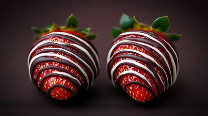 Two chocolate-covered strawberries with white and dark chocolate stripes, close-up.