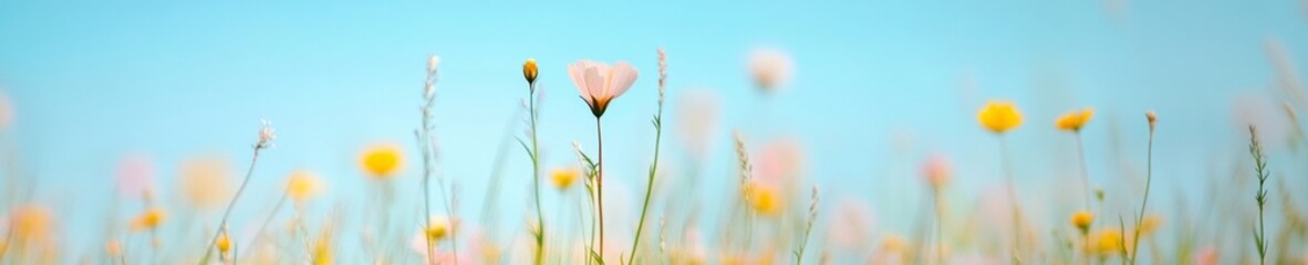 Obraz premium Serene Blooming Wildflowers Against Clear Blue Sky