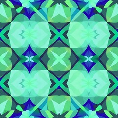 Teal and Green Geometric Pattern: Abstract seamless  texture with repeating teal, green, and blue shapes. Ideal for textile design, wallpaper, or digital art projects.  