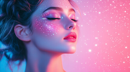 Obraz premium A woman with bright sparkling star makeup, glitter, astrology banner with copy space