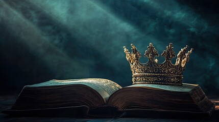 King crown sitting on an ancient opened book, with shadows casting an air of mystery and royalty.