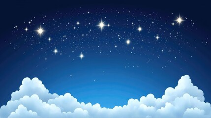 Dreamy Night Sky with Sparkling Stars and Fluffy Clouds in a Serene Blue Atmosphere