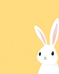 A white, cute rabbit peeking out from the top right corner of the image, set against a yellow background. A white banner for text is located on the bottom left side of the picture