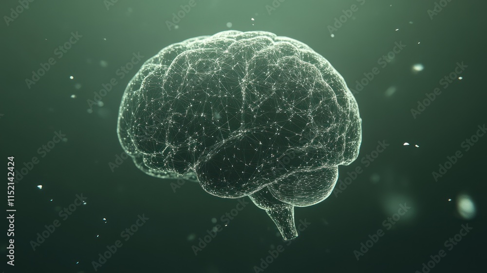 Poster abstract 3d rendering of a human brain, glowing network connections.