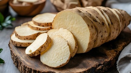Close up sliced Elephant yam on wooden board