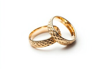 Two golden wedding rings isolated on a white background, with no shadow