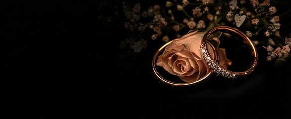 Two golden wedding rings and a pink rose on a black background with copy space, suitable for web design or print material
