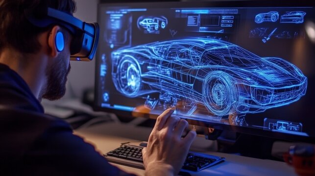 Young caucasian male engaged in virtual reality car design on high-tech computer interface - Powered by Adobe