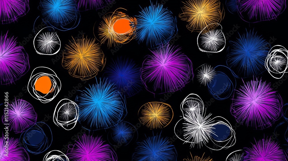 Poster a vector seamless pattern with handdrawn ink circle textures resembling fireworks an abstract and dy