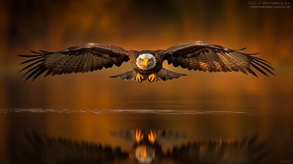 Majestic bald eagle in flight over golden water, reflection visible.