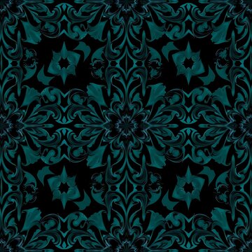 Fototapeta Teal and Black Floral Pattern: An intricate and elegant teal floral pattern on a black background, perfect for adding a touch of sophistication to your designs.