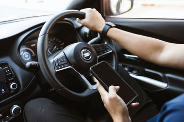 don’t use phone while driving concept. Dangerous Driving Habits. Smartphone Distraction, road...