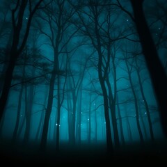 bokeh blue of  Magical foggy forest trees with artistic fireflies light background magic cyan blue colored fairytale woodland  abstract bokeh light background bright   