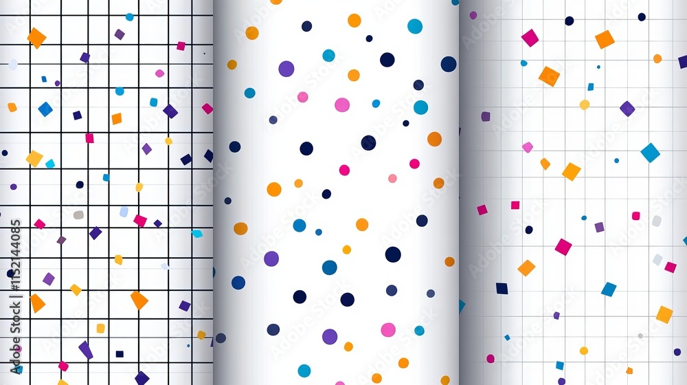 Aufkleber abstract seamless patterns of colorful checkered designs with polka dots and confetti scattered acro