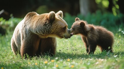Obraz premium A brown bear and its cub share a tender moment in a grassy field.