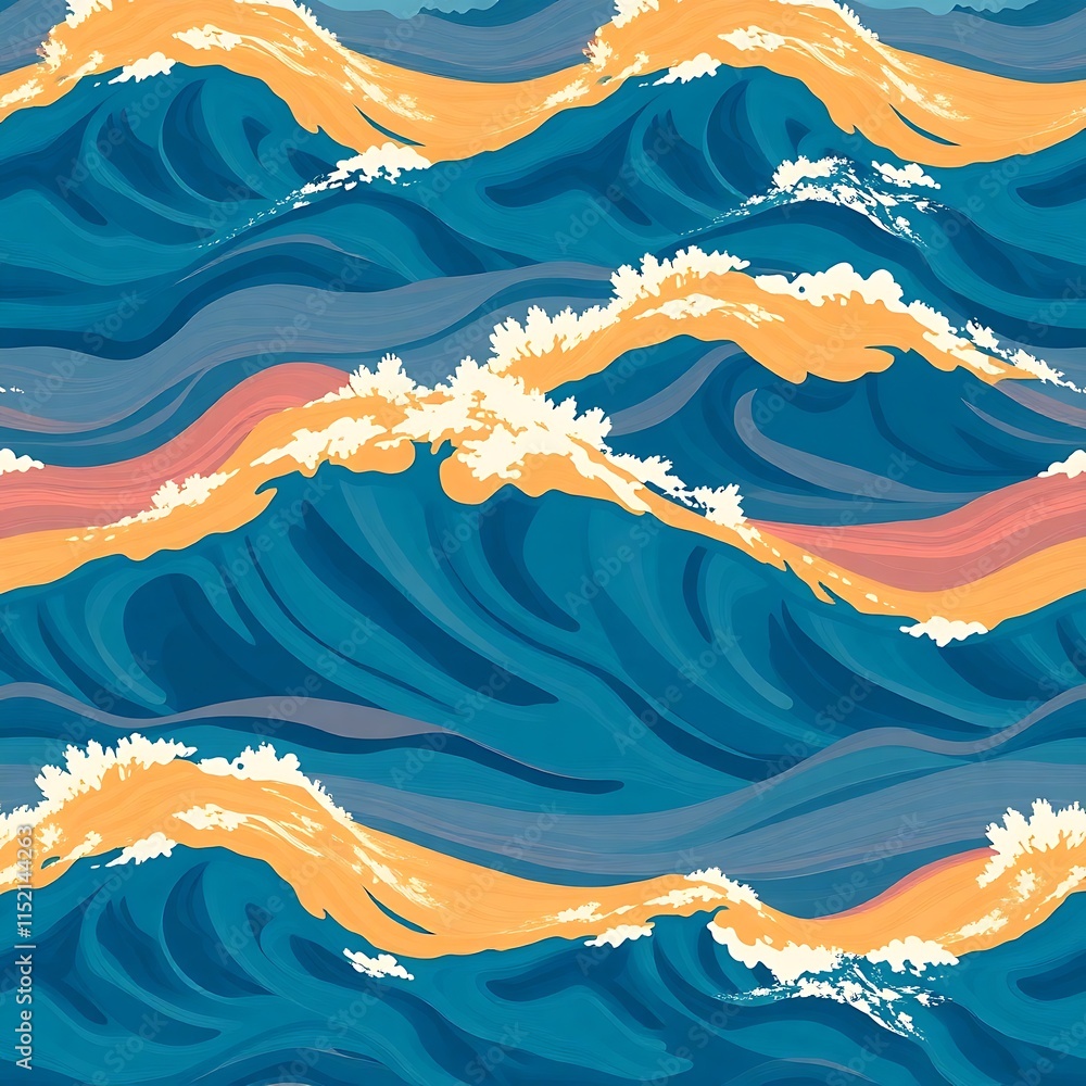 Poster seamless ocean waves pattern: a captivating ocean wave pattern in vibrant blue, yellow, and pink hue