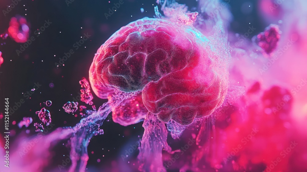 Poster abstract brain in vibrant pink and blue liquid, showcasing neural pathways and cognitive function.