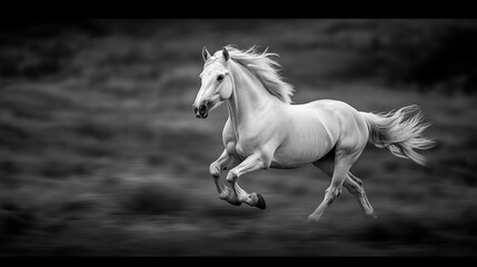 Graceful White Horse Galloping in Motion Blur