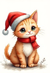 Cute Watercolour Ginger Cat Wearing a Santa Hat