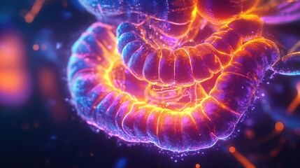 An abstract, colorful representation of interconnected, glowing forms resembling intestines, showcasing vibrant hues and intricate details.