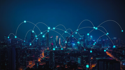 Smart digital city with connection cyber security network reciprocity over the cityscape . future smart wireless digital city and social media networking systems that connects people within the city